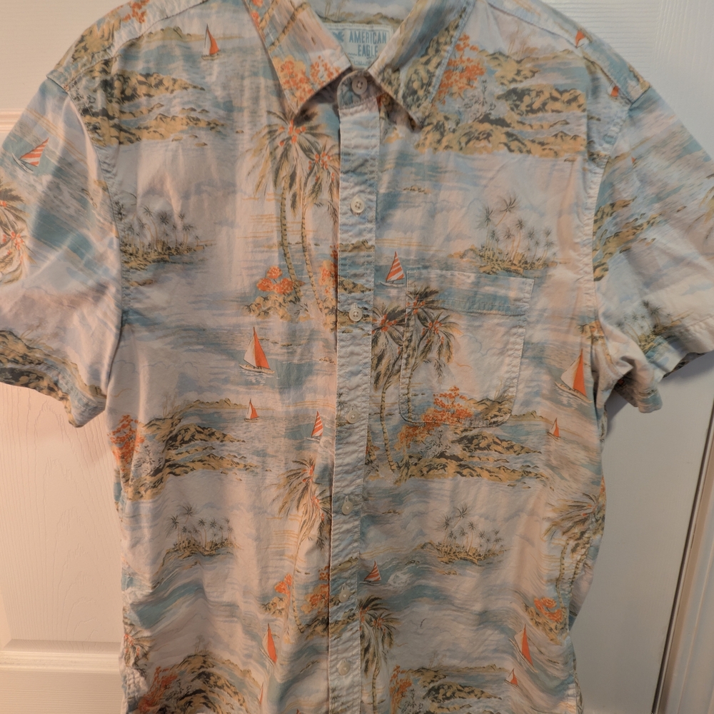 American Eagle Outfitters Light Blue and Orange Tropical Button-Up Shirt